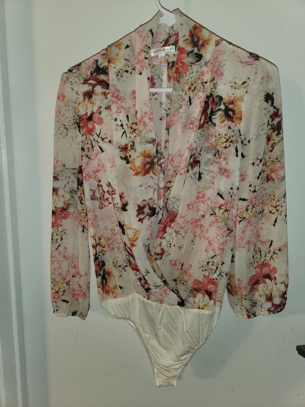 a'gaci Cream Floral Wrap Bodysuit with Pink Accents